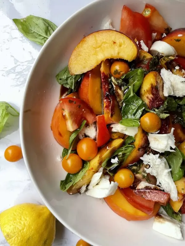 Peach Caprese Salad with Pesto Vinaigrette