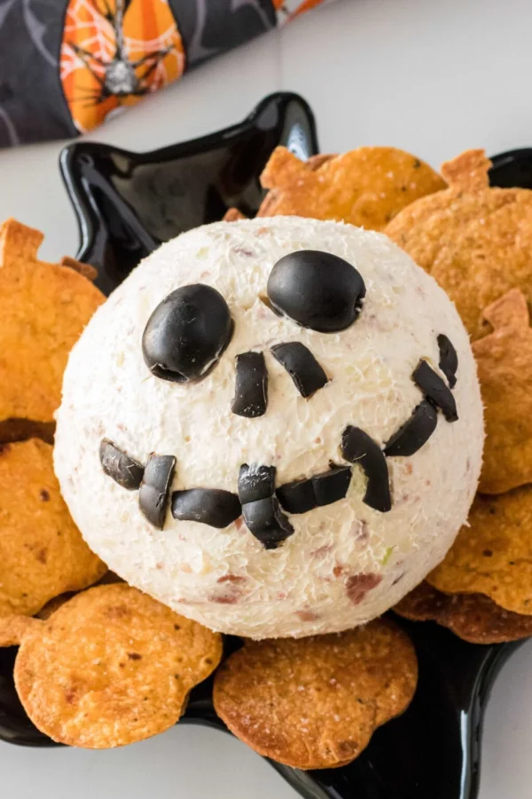 Jack Skellington Cheese Ball with Pumpkin Tortilla Chips